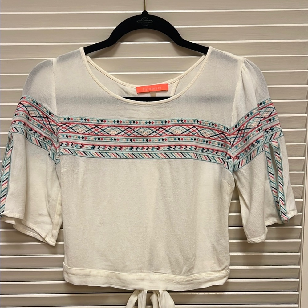 Lulumari Girls Top in Beige with Mult Color Embroidery, Size 8, GUC